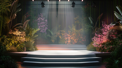 A space with a podium among the tropics. Image for presentation, advertising, people, products and goods. Platform with exotic plants in pots. Botany, natural views and interior.