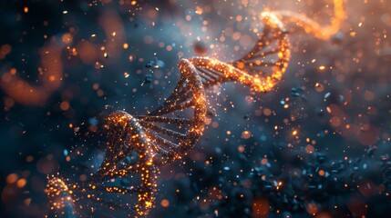 Glowing DNA helix twists in a stardust embrace. - obrazy, fototapety, plakaty