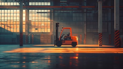 Orange forklift paused in a sunlit warehouse