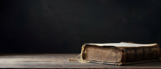 Old holy bible on old rustic vintage wooden table and black wall. Church faith Christian background banner panorama - obrazy, fototapety, plakaty