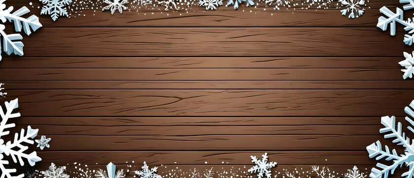 Christmas background template, frame made of snow with snowflakes on brown wooden texture, top view, with space for text