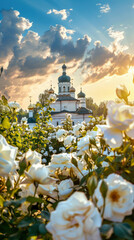 White roses in a garden and an orthodox church in a distance - obrazy, fototapety, plakaty