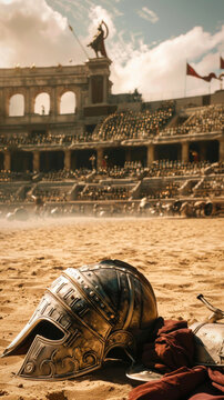A gladiator helm in the sand of the arena