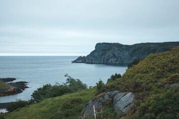 Brigus Head coastline on a cloudy day with calm ocean water