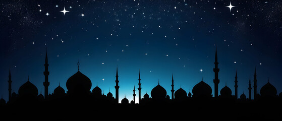 Silhouette Dome Mosques at dark night with light moon and star sky, panorama banner background for Islamic religions - obrazy, fototapety, plakaty