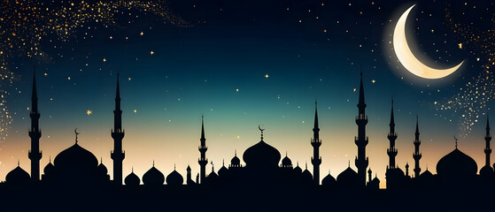 Eid al Adha Mubarak card with Silhouette Dome Mosques at dark night with light moon and star sky, panorama banner background for Islamic religions - obrazy, fototapety, plakaty