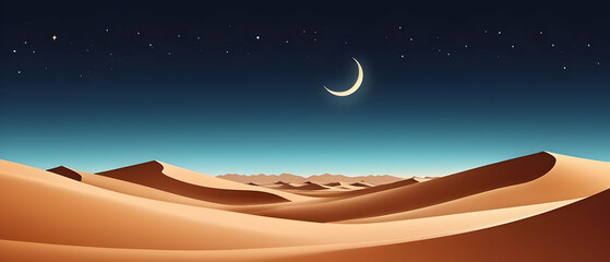 Obraz na płótnie Canvas Sand dunes with moon and star in evening, panorama banner background for Islamic religions