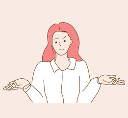 Young woman, wondering and anxiety concept. Hand-drawn, Vector Illustration.