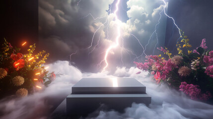 Pedestal with steps. Product stand. Presentation and advertising. The area with pink flowers and columns is filled with smoke and clouds. Lightning strikes in the background. Epic scene.