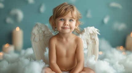 Toddler with angel wings sitting on cloud, smiling