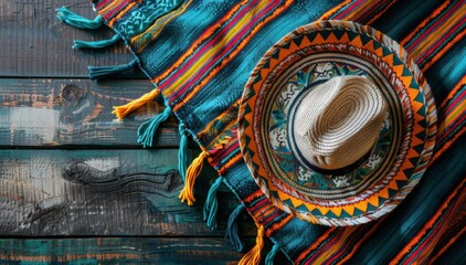 Large sombrero hat and Mexican serape blanket on dark old wooden background  for Cinco de Mayo holiday party celebration , top view, copy space. Fifth of May celebration concept. Poster, invitation.