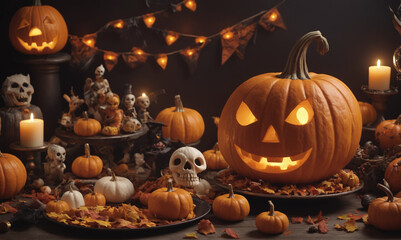 Trick or treat party and Pumpkin Jack-O-Lantern surrounded by halloween decor