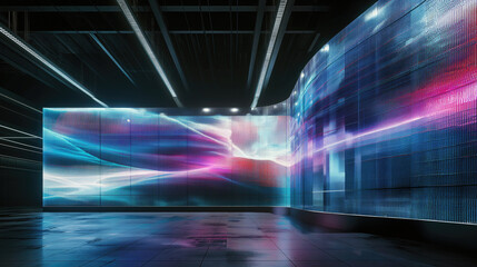 Selling image for business, advertising, identity, logos and text. A beautiful background for placing services, objects, goods, projects and people. A room with a curved screen and dynamic abstraction