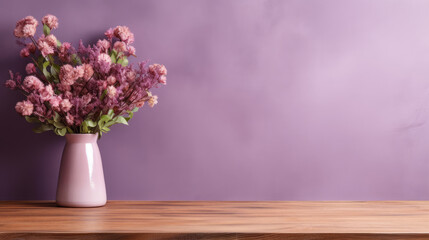 Fototapeta na wymiar Wooden table with vase with bouquet of flowers near empty, blank purple wall. Home interior background with copy space Generative AI