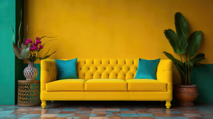 Vibrant yellow velvet sofa against of colorful tiles wall paneli Generative AI