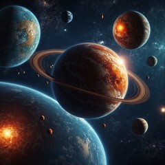 Image of planets in outer space against the background of stars and nebulae