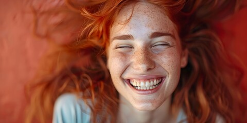 Gleeful Redhead Woman Laughing Joyfully at Amusing Virtual Joke,Warm Positive Facial Expression with Radiant Energy and Vibrant Freckled Skin - obrazy, fototapety, plakaty