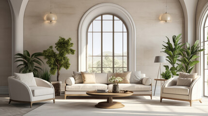 Beige sofa and armchair in room with arched windows. Luxury mid-century style home interior design of modern living room Generative AI - obrazy, fototapety, plakaty