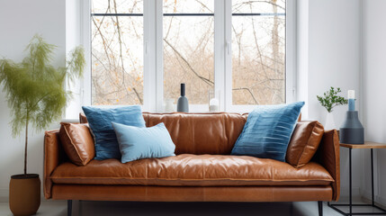 Fototapeta premium Brown shaggy leather sofa with blue pillows near window. Scandinavian home interior design of modern living room Generative AI