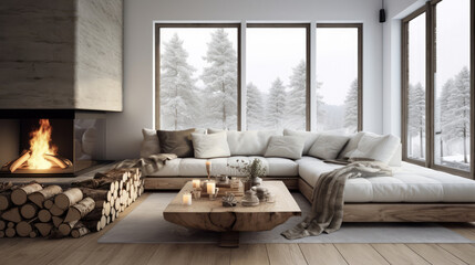 Rustic live edge coffee table near white corner sofa against window. Scandinavian home interior design of modern living room with fireplace Generative AI
