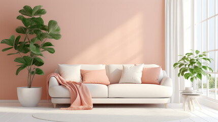 White fabric sofa with peach color blanket between green houseplant. Round knitted rug against of window. Scandinavian, nordic style interior design of modern living room. Generative AI - obrazy, fototapety, plakaty