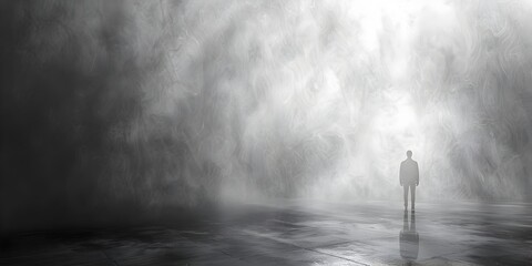 Solitary Figure Reflecting in Ethereal Mist-Shrouded Landscape - obrazy, fototapety, plakaty