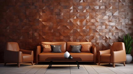 Leather terra cotta sofa near stone tiled 3d panel wall. Interior design of modern living room. Generative AI