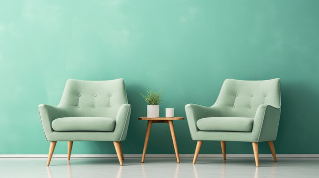 Two armchairs near light green wall. Mid-century, scandinavian h Stock Photo | Adobe Stock Generative AI