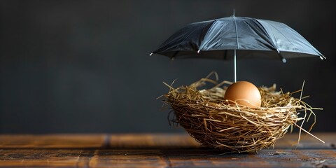 a nest egg representing financial security and savings being sheltered by an open umbrella