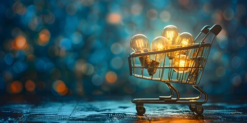 Illuminating Insights:A Shopping Cart Brimming with Innovative Lightbulb Ideas for Business Growth and Retail Success - obrazy, fototapety, plakaty