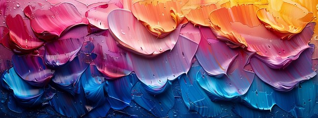 Close up of a vibrant painting featuring a rainbow of colors