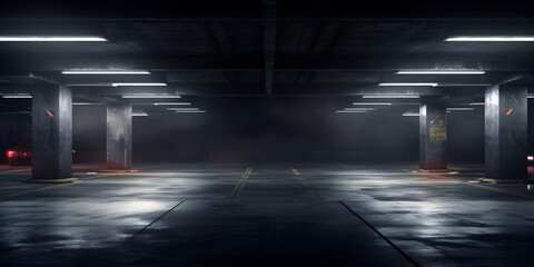 A dark empty parking garage solitude urban gloomy silent place dark background - obrazy, fototapety, plakaty