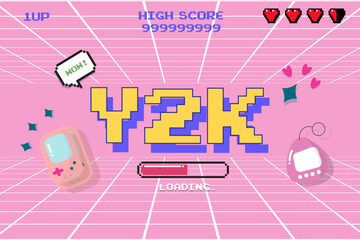 Y2K trendy set of objects, retro game,digital pet,pager , 1990s 2000s style, pixel heart, wow text, vector illustration	