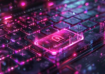 Fototapeta premium Cybersecurity concept with laptop and lock icon. A visually captivating illustration showcasing a laptop with a glowing lock symbol signifying cybersecurity, set against a futuristic digital backdrop