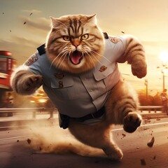 A Felidae in a police uniform is sprinting along the street