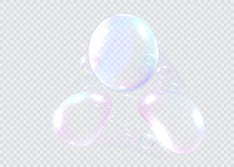 Set of realistic colorful soap bubbles. Transparent realistic soap bubbles isolated on transparent background. Vector texture. Light Gray vector cover with spots.