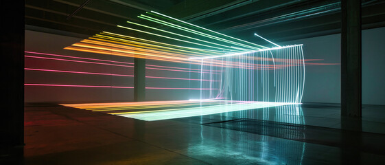 Futuristic space for the presentation and placement of advertising, people, products, goods. Platform with abstract installation. Volumetric light projection from stripes. Light show, unusual design.