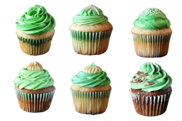 Set of St. Patrick's Day holiday themed green cupcakes on a transparent background, Generative AI