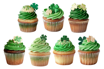 Set of St. Patrick's Day holiday themed green cupcakes on a transparent background, Generative AI