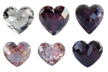 Set of multi color heart shape diamond gemstone isolated on a transparent background, Generative AI