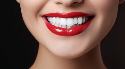 Universal photorealistic banner with a girl smiling with beautiful white teeth and red lipstick , close up on a white plain background, close up with space to insert text
