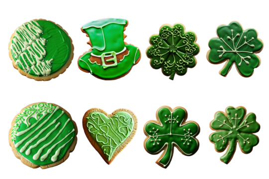 Set of St. Patrick's Day holiday themed icing sugar cookies on a transparent background, Generative AI