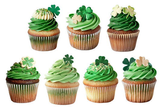 Set of St. Patrick's Day holiday themed green cupcakes on a transparent background, Generative AI