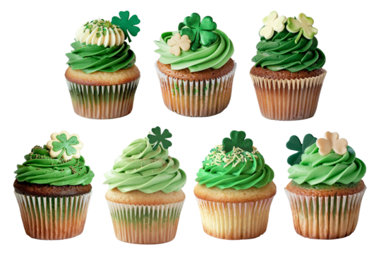 Set of St. Patrick's Day holiday themed green cupcakes on a transparent background, Generative AI - Powered by Adobe