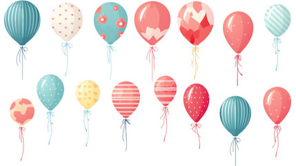 Set of coloful watercolor balloons and confetti isolated on white background for birthday party element design.