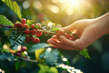 A hand grabbing coffee cherry from a tree branch - obrazy, fototapety, plakaty