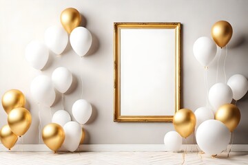 Fototapeta na wymiar balloons on the wall, Vertical golden frame white blank mockup close up on wall