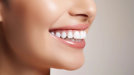 Universal photorealistic banner with a girl smiling with beautiful white teeth, close-up on a white plain background, close-up with space to insert text