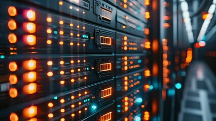 Close up IT Engineer in big database server center office, High Speed Data Transfer, Server Transfer, Technology Science, Progress, Innovation Concept