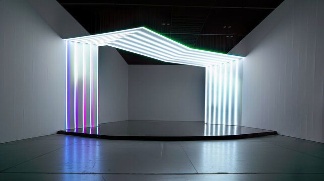 Luminous rectangular arch made of columns with light patterns. Designer art object, digital contemporary art. Innovation and decoration. Design ideas for exhibitions and presentations.